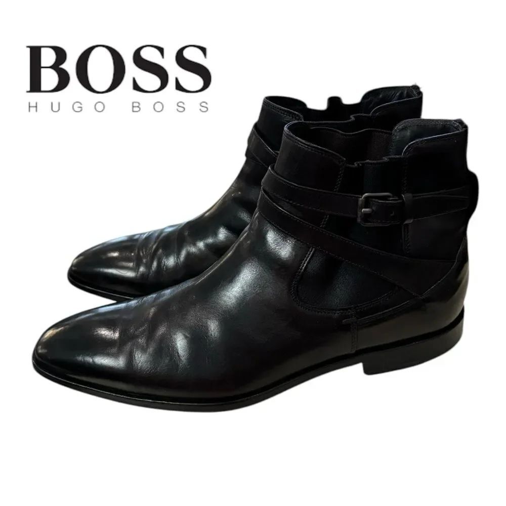 Hugo Boss Men's Black Leather Slip-on Motorcycle Boots 8